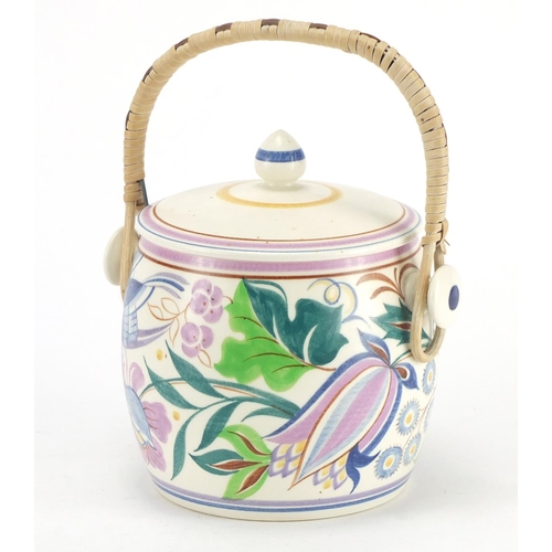 147 - Poole pottery hand painted biscuit barrel and cover, 15.5cm high