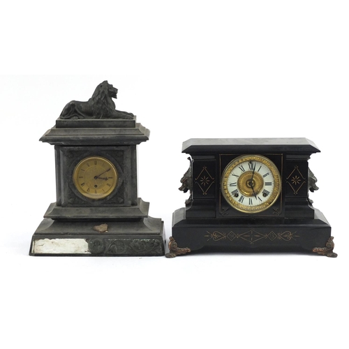 857 - Victorian slate mantel clock, mounted with a lion and one other, the largest 42cm high