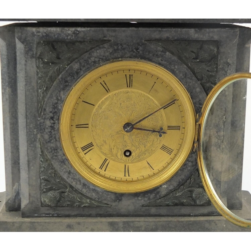 857 - Victorian slate mantel clock, mounted with a lion and one other, the largest 42cm high