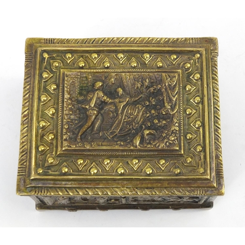 554 - Brass jewel box with hinged lid, embossed with classical scenes, 13cm wide