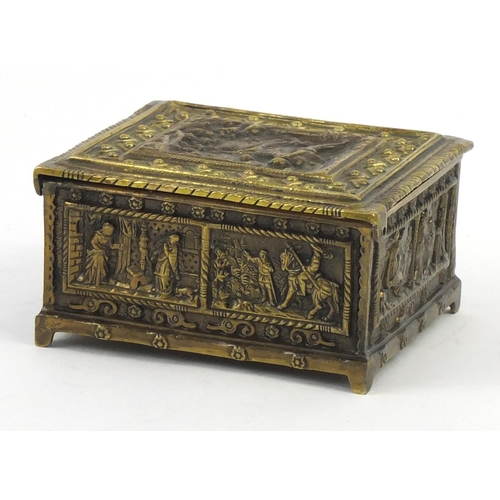 554 - Brass jewel box with hinged lid, embossed with classical scenes, 13cm wide