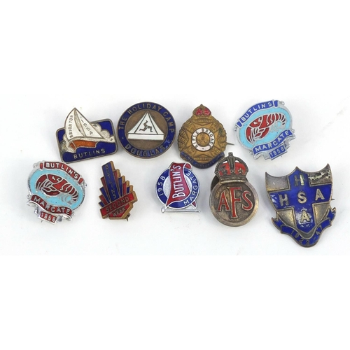 613 - Vintage enamelled badges including Butlins, AFS and Douglas The Holiday Camp