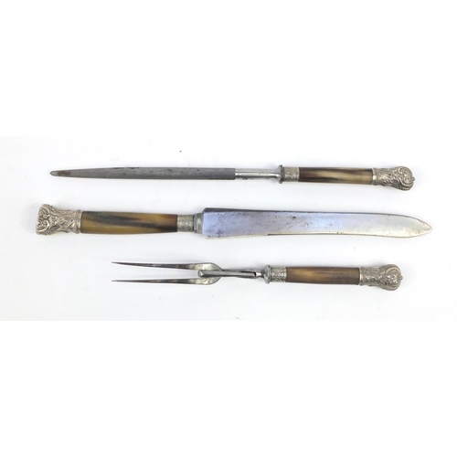 714 - Horn handled three piece carving set, with silver coloured metal finials, housed in a fitted tooled ... 