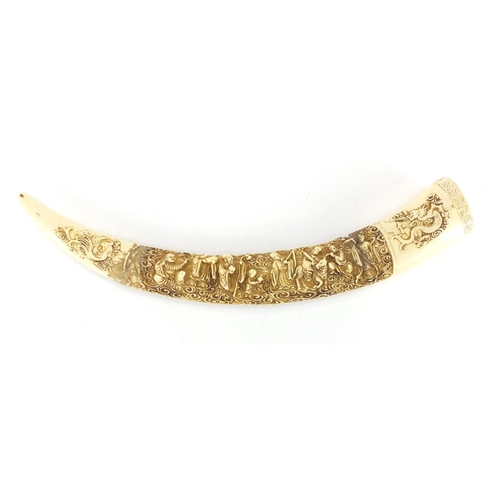 754 - Chinese ivory style tusk, decorated with figures and dragons, 44.5cm in length