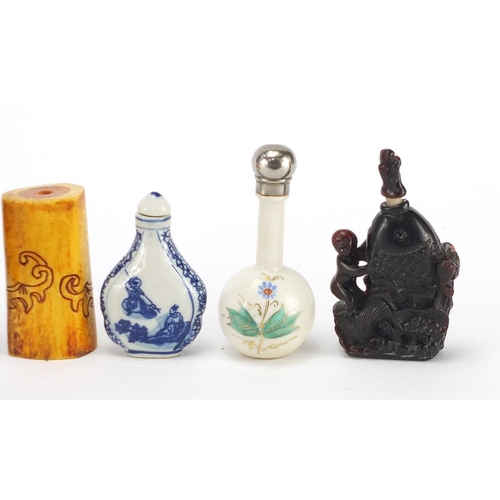 684 - Mostly Chinese snuff and scent bottles including a rhino horn style example and a carved bone exampl... 