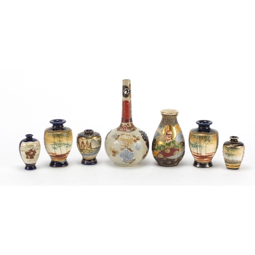 603 - Seven Japanese Satsuma and Kutani pottery vases, each hand painted with figures, the largest 15.5cm ... 