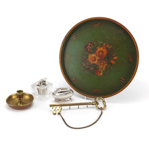 616 - Miscellaneous objects including a circular tray,  hand painted with flowers, two Ronson table lighte... 