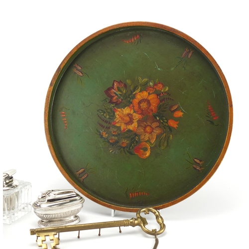 616 - Miscellaneous objects including a circular tray,  hand painted with flowers, two Ronson table lighte... 