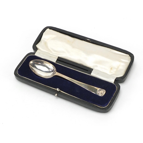 582A - Silver teaspoon with fitted tooled leather case, Sheffield hallmarks