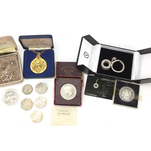 504 - Mostly British coins and jewellery including Victorian 1889 crown and Concorde five pound coin