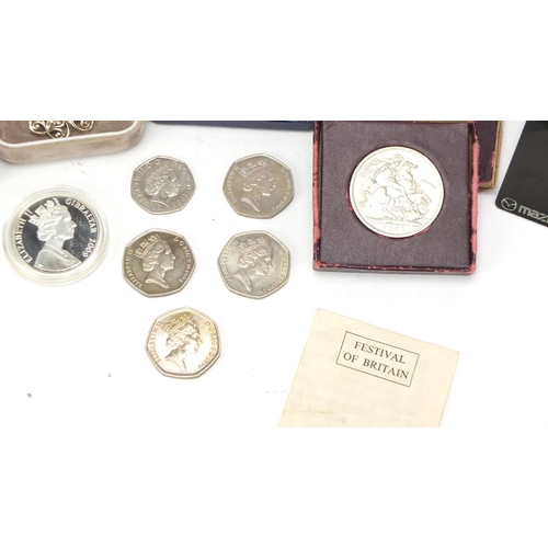 504 - Mostly British coins and jewellery including Victorian 1889 crown and Concorde five pound coin