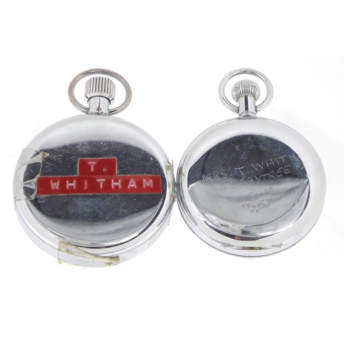 362 - Two white metal stop watches comprising Favre-Leuba and Dolmy