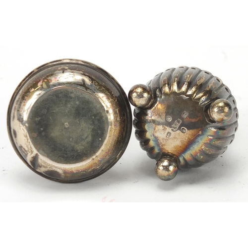 581 - Two silver casters including one Victorian with ball feet, 7cm high, approximate weight 40.7g