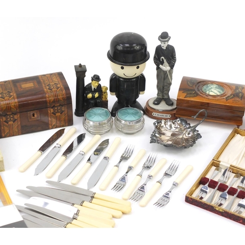 836 - Miscellaneous items including silver plated cutlery, inlaid walnut jewellery box and first day cover... 