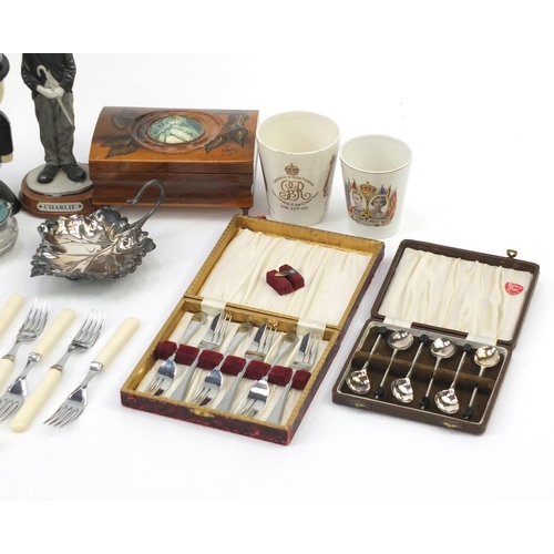 836 - Miscellaneous items including silver plated cutlery, inlaid walnut jewellery box and first day cover... 