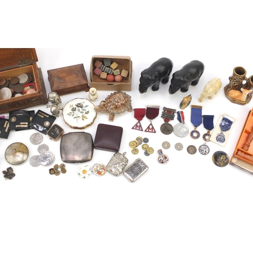 719 - Objects including Robertson advertising figures, commemorative medallions, Wade Whimsies, compacts a... 