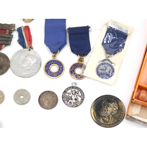 719 - Objects including Robertson advertising figures, commemorative medallions, Wade Whimsies, compacts a... 