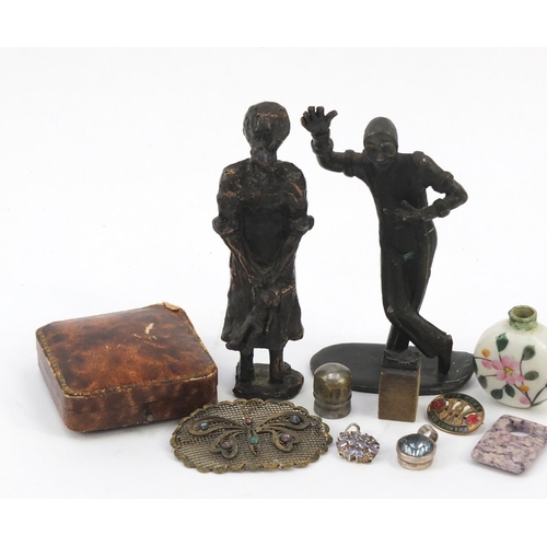 717 - Objects including bronzed figures, silver pendants, porcelain scent bottle and butterfly brooch
