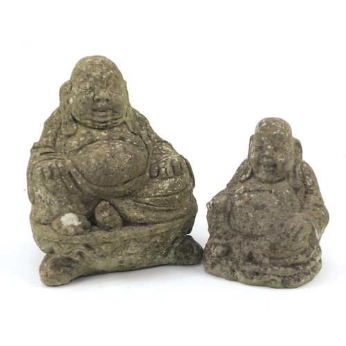 83 - Two stoneware garden figures of seated Buddha, the largest 29cm high