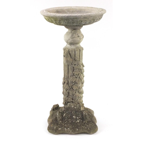 11 - Stoneware garden pedestal bird bath decorated with ivy, butterfly, mouse and frog, 78cm high