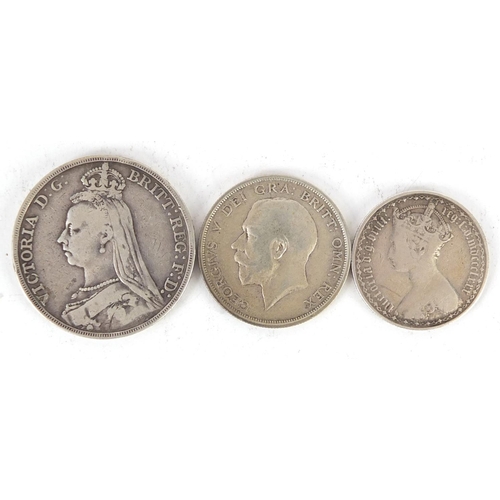 481 - British coinage comprising a Victorian 1891 crown, Gothic florin and George V 1916 half crown