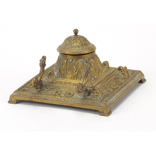 792A - Ornate brass desk inkwell, 16cm wide