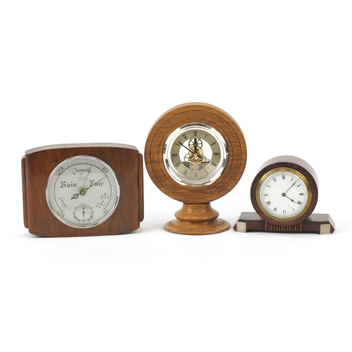 466 - Oak Skeleton mantel clock an Art Deco mantel clock and desk barometer, the largest 23.5cm high