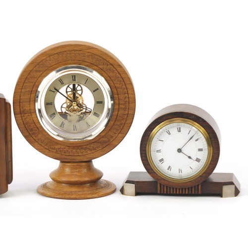 466 - Oak Skeleton mantel clock an Art Deco mantel clock and desk barometer, the largest 23.5cm high