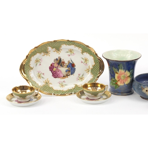 563 - China including Royal Doulton vase, Royal Doulton stoneware bowl, Limoges cups and saucers and Victo... 