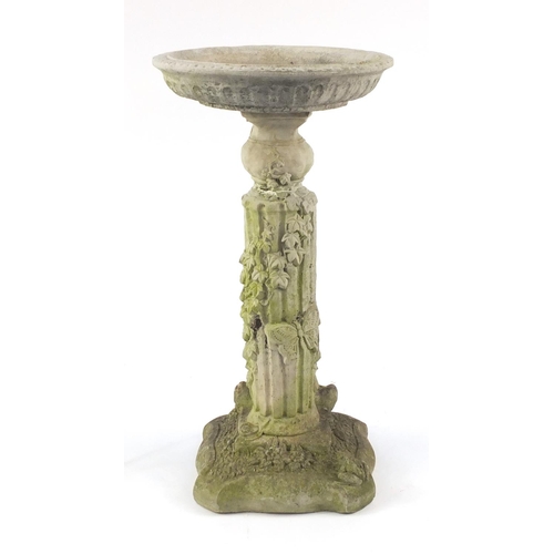 11 - Stoneware garden pedestal bird bath decorated with ivy, butterfly, mouse and frog, 78cm high