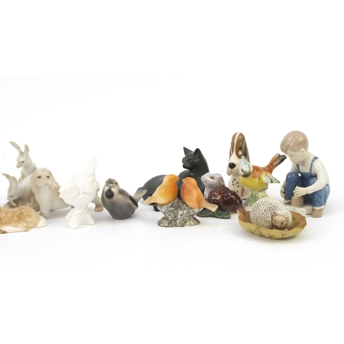 252 - China animals and figures including Lladro cockerel, Szeiler dog, Goebel bird and Crown Staffordshir... 