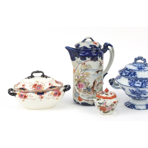 861 - China including a hand painted jug and pair of tureens and Copeland Spode turren
