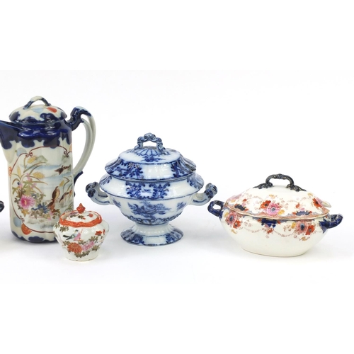 861 - China including a hand painted jug and pair of tureens and Copeland Spode turren