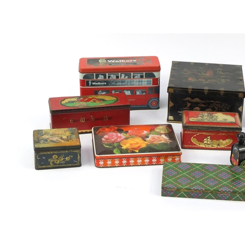 891 - Vintage and later tins including a novelty race car and train example