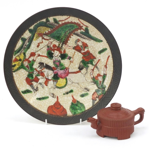 472 - Chinese crackle glazed plate, hand painted with warriors and a Chinese yixing teapot, the plate 27.5... 