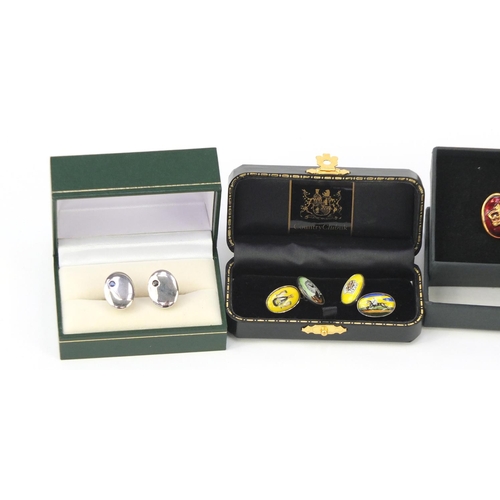 345 - Costume cufflinks some enamelled and a Caithness pin