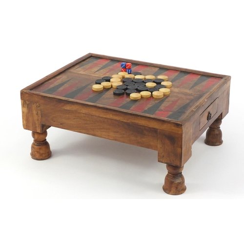 77 - Mexican pine Backgammon table, fitted with a drawer to each end, 22.5cm H x 51cm W x 40cm D