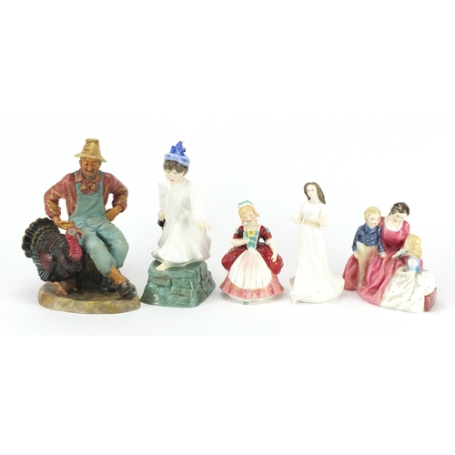 2098 - Five Royal Doulton figures, Wee Willie Winkle HN3031, The Bedtime Story HN2059, Thanksgiving HN2446,... 