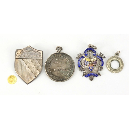 2307 - Miniature Austrian gold coin with pendant mount and three silver jewels/badges including a army temp... 