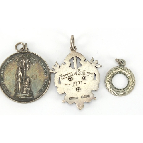 2307 - Miniature Austrian gold coin with pendant mount and three silver jewels/badges including a army temp... 