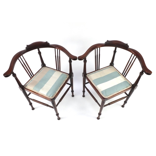 7 - Pair of mahogany spindle back corner chairs with striped upholstery, 71cm high