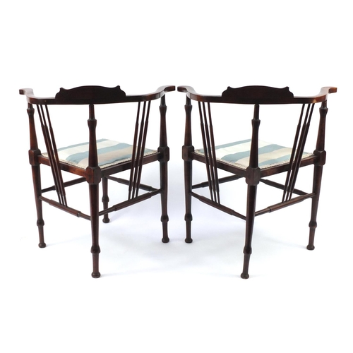 7 - Pair of mahogany spindle back corner chairs with striped upholstery, 71cm high