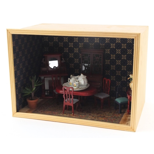 546 - Dolls house furniture diorama, 29cm H x 38cm W x 25cm D