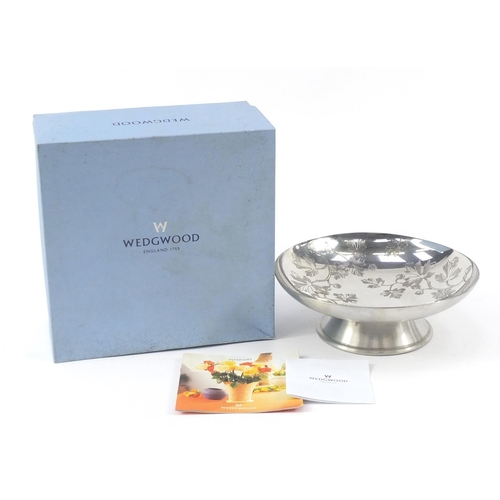 566 - Wedgwood interiors pewter fruit bowl with box, 25.5cm in diameter