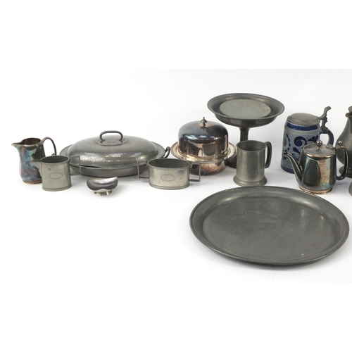 240 - Pewter and silver plate including muffin dish, tankards, tureen with cover and teapot