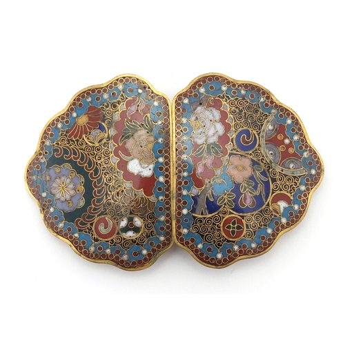 675 - Chinese cloisonné two piece buckle, finely enamelled with flowers, 7.5cm x 4.5cm