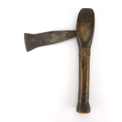 806 - Tribal wooden axe, possibly from Congo, the steel blade with incised decoration, 34cm in length
