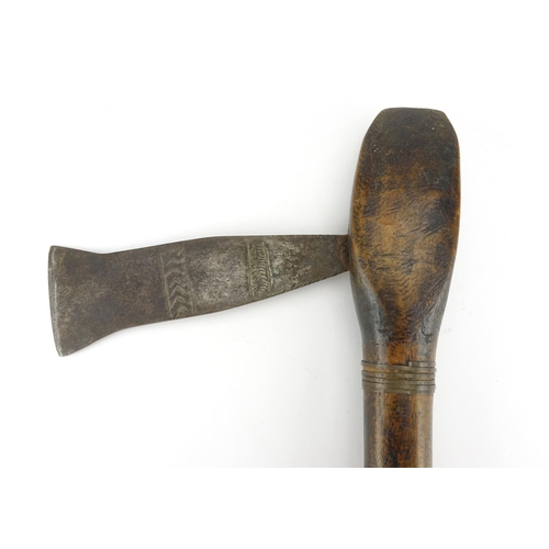 806 - Tribal wooden axe, possibly from Congo, the steel blade with incised decoration, 34cm in length