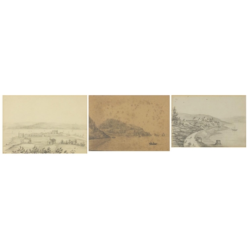 418 - South Devon, three antique pencil drawings, each titled, mounted and framed, the largest 17.5cm x 12... 