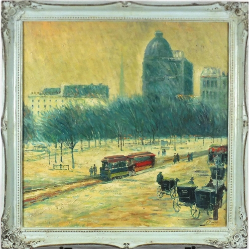599 - Impressionist New York street scene, oil on board, bearing a signature S Picard and inscription vers... 